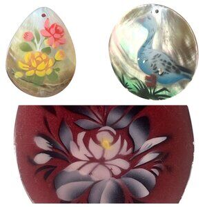 Set Of 3 Hand-Painted Mother Of Pearl Pendants Floral & Duck Designs Decorative